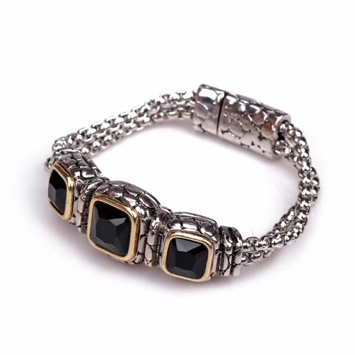 

Fashion Accessories Vintage Silver Inlaid Black Rhinestone Opening Buckle Magnet Lovers Bracelet B1462