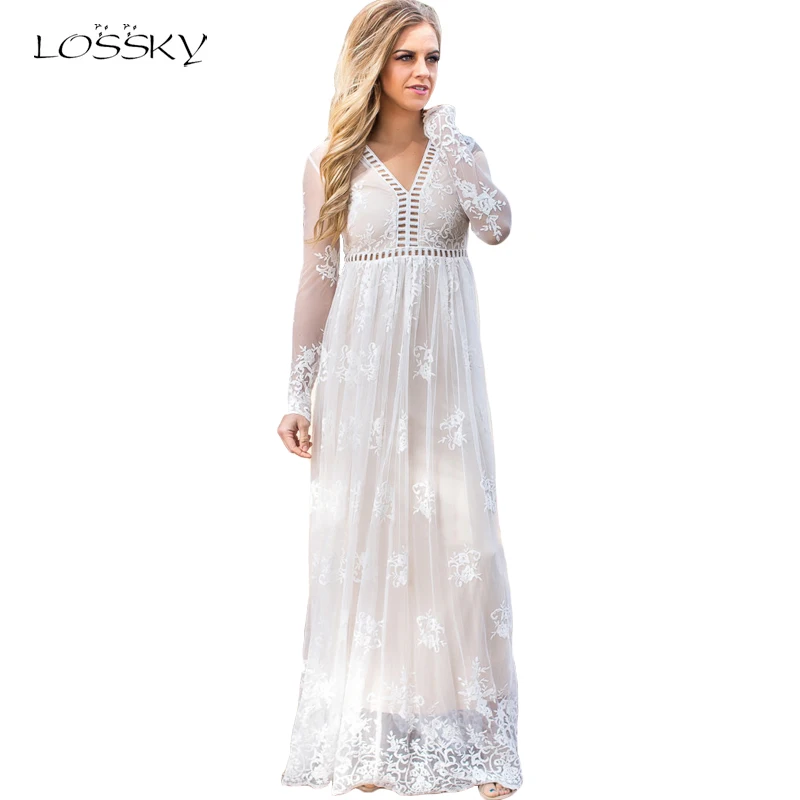 LOSSKY Perspective White Lace Dress Women 2017 Autumn Sexy Hollow Out High Waist Vestidos Long Sleeve Elegant Maxi Long Dresses long-white-lace-dress