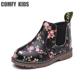 

Fashion Flower Floral Girls Boots Shoes Flat With Artificial Leather kids Ankle Print Chelsea Boots Girls Autumn Martin Boots