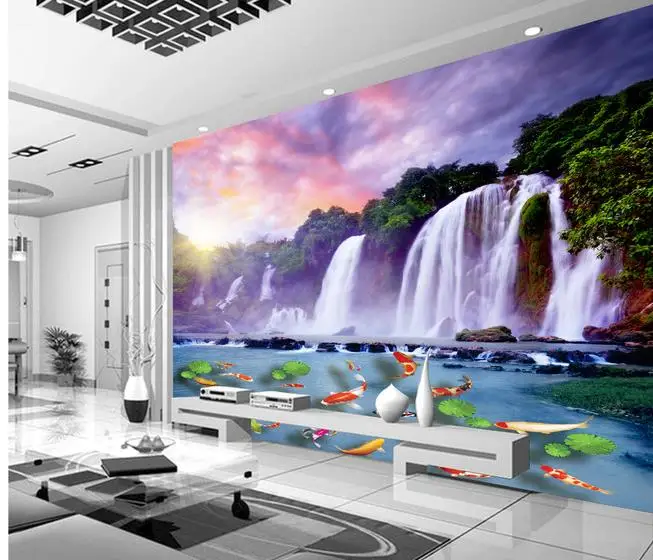 3D alpine flowing waterfall squid lotus leaf TV background wall | Строительство и ремонт