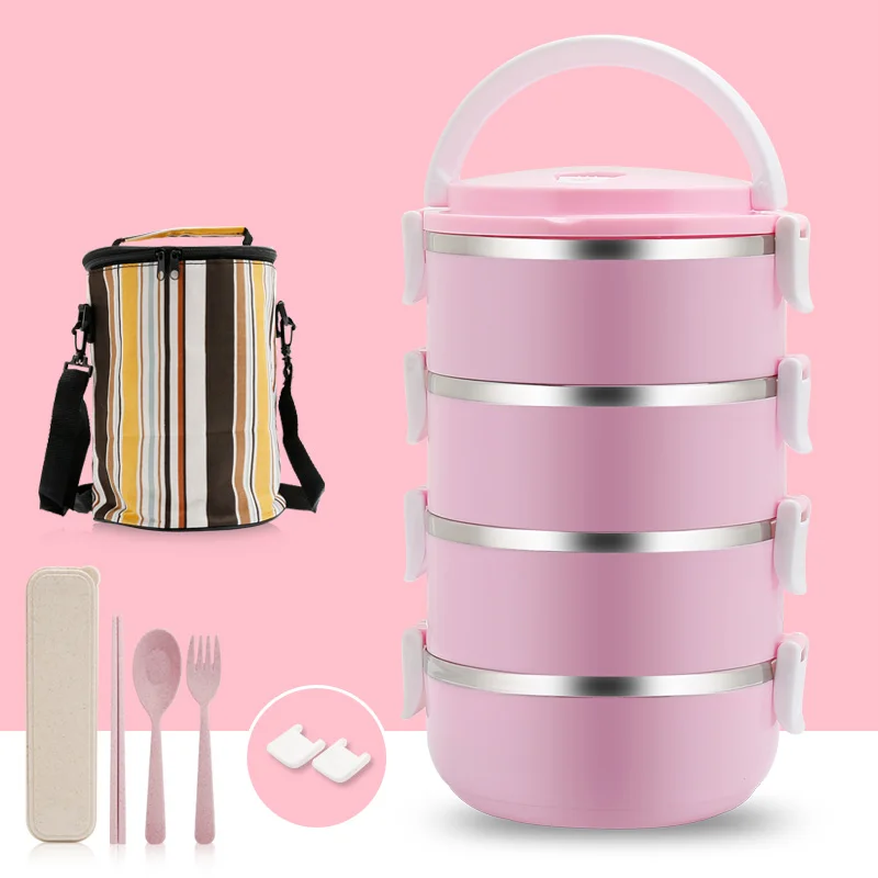 4 слоя нержавеющей стали Bento японский контейнер для обеда Стиль Портативный Ручка Контейнер для хранения еды для детей взрослых с сумкой наборы - Цвет: Pink And Bag