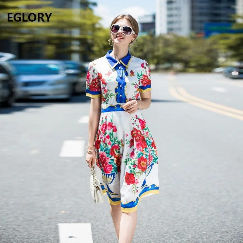 European Casual Summer Dress 2018 Women Turn down Collar Colorful Vase