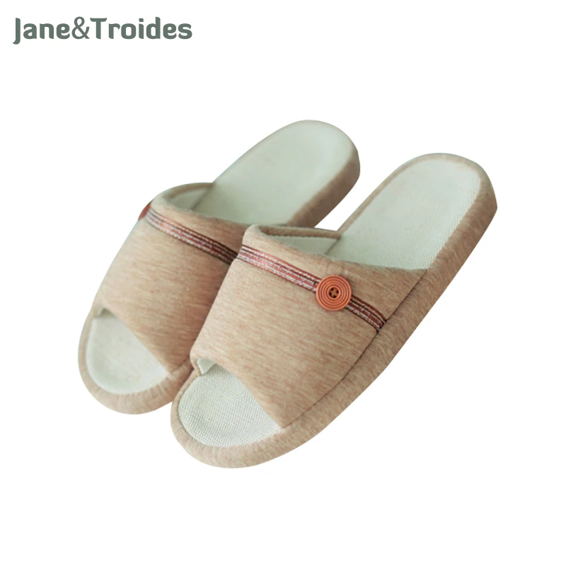 

Spring Summer Home Men's Slippers Open Toe Linen Breathable Flip Flops Button Decorate Coffee Color Fashion Men Shoes