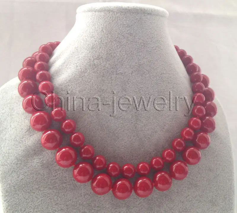 

Free Shipping >>> 17-18" 2row 10-14mm perfect round red coral color south sea shell pearl necklace