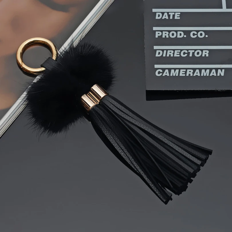 Fashion Genuine mink hair Key Chain Solid color Two Tassels Car Key Ring High Quality Keychain Bag Pendants Gift Jewelry K1784