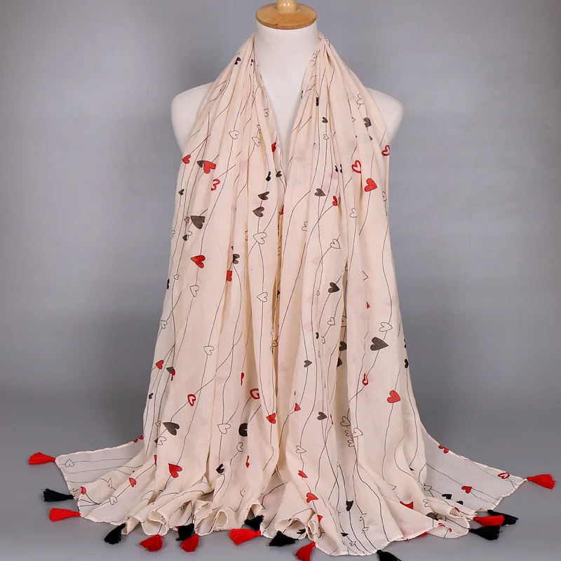 

2016 design Women printe lovely heart tassels fashion cotton peach shawl muslim HIJAB wrap headband scarves/scarf 10pcs/lot