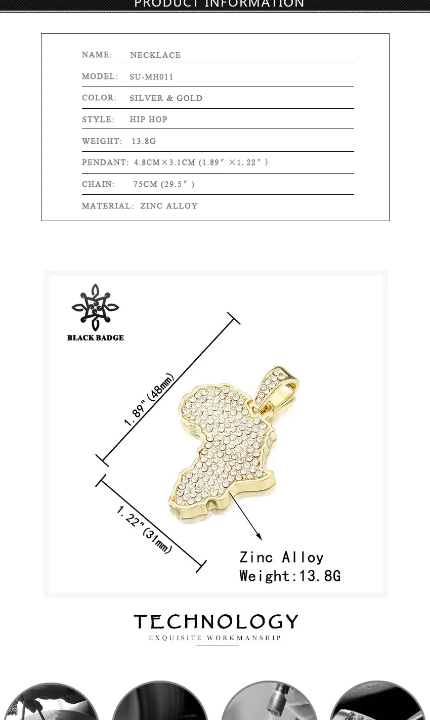 Африканский кулон Карта Ожерелье со льдом Сияющий Блестящий Кристалл Золото/комплект бвелирного изделия со старзами с веревкой, на цепочке, с подвесками мужские ювелирные изделия в стиле хип-хоп