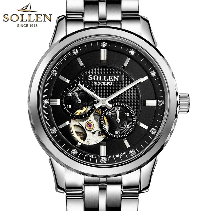

SOLLEN men Automatic watches luxury brand Tourbillon Mechanical Watch Business Mans Multi-function Stainless Steel Wristwatch
