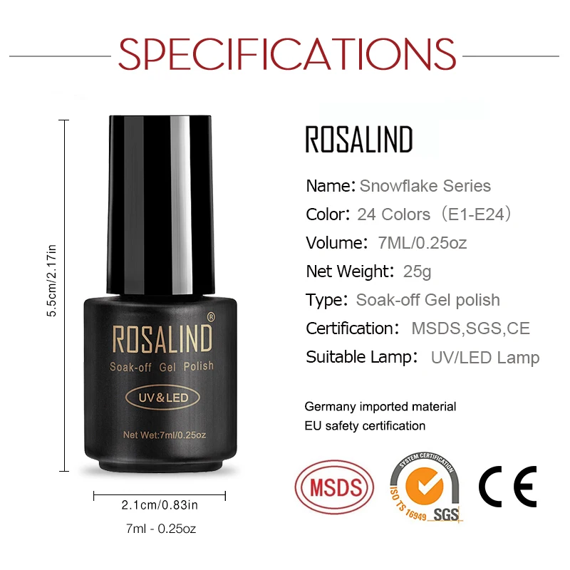 ROSALIND 7 мл Снежинка лак с блеском для ногтей 24 разноцветный гель Светодиодный УФ