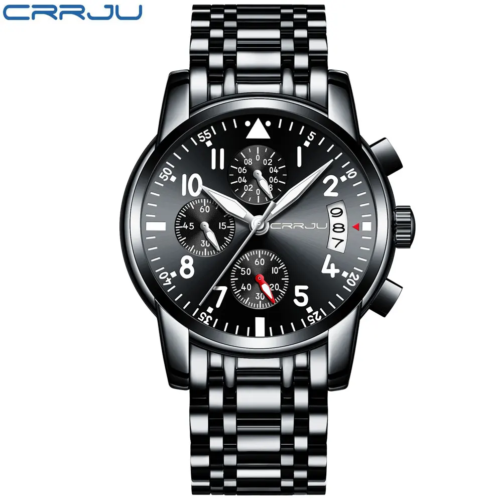  CRRJU Sport Watch Men Stainless Steel Band Quartz Military Casual Watches Men's Chronograph Calenda