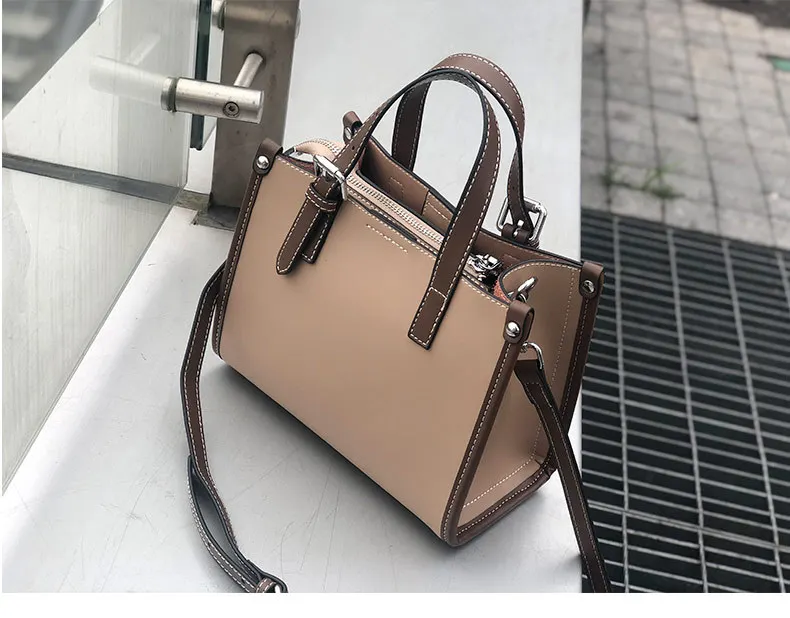 Color Blocking Daily Purse OL Business Tote Bag Genuine Leather Women's Shoulder Bag Small Top-handle Handbag