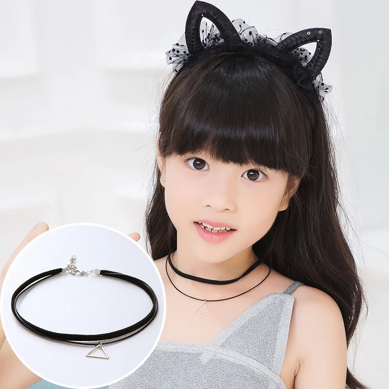triangular silver Детское ожерелье, колье до ключиц для девочек, ожерелье для детей, цепочка с украшением, кружевной эластичный вязаный воротник, короткое ожерелье для женщин - Окраска металла: triangular silver