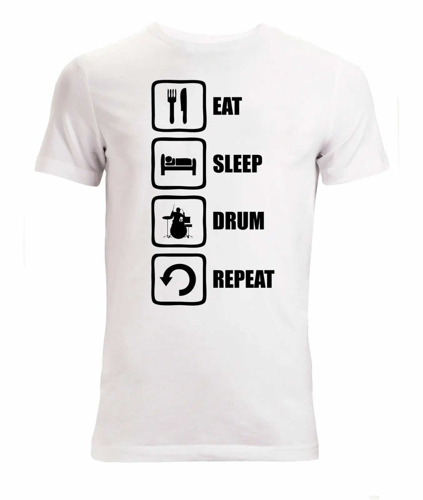 Eat sleep drum repeat Забавный слоган Мужская (женская в наличии) Футболка белая новая