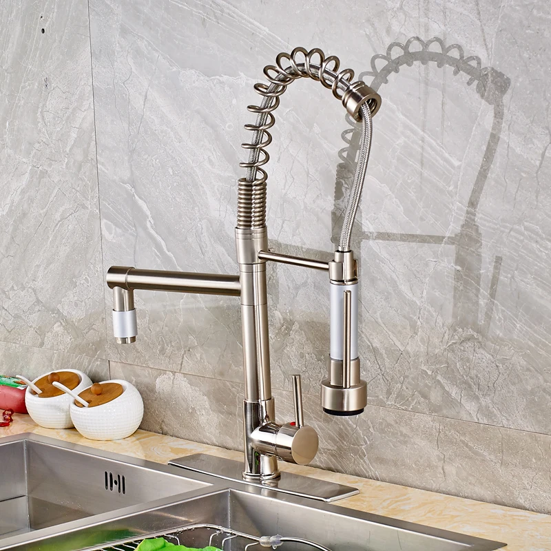 Nickel Brushed Solid Brass Kitchen Sink Faucet Swivel Spout Pull Out Mixer Tap with Cover Plate