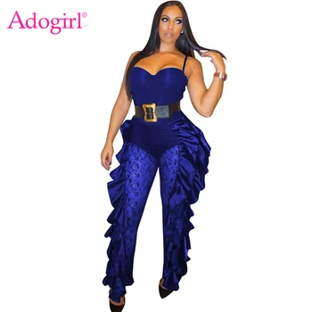 

Adogirl Ruffle Sheer Lace Jumpsuit with Briefs Women Sexy Fashion Strapless Romper Performance Night Club Party Overalls