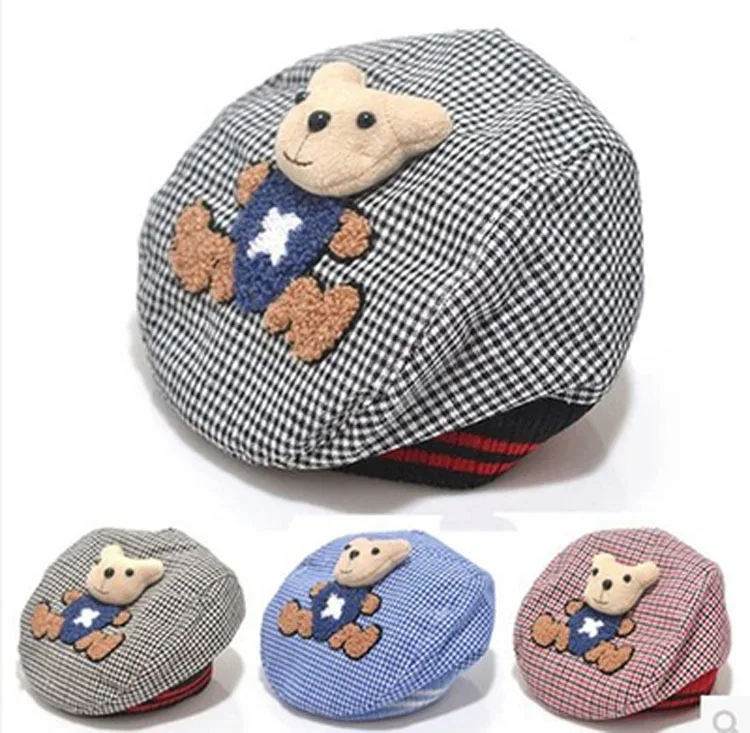 

spring and summer Korean children plaid baseball hat for boy and girl generic cartoon bear berets baby caps beanies