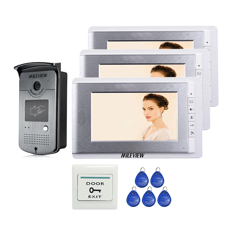 

Wholesale New 7 inch Video Door Phone Intercom Entry System With 3 Monitors + RFID Reader Access Doorbell Camera FREE SHIPPING