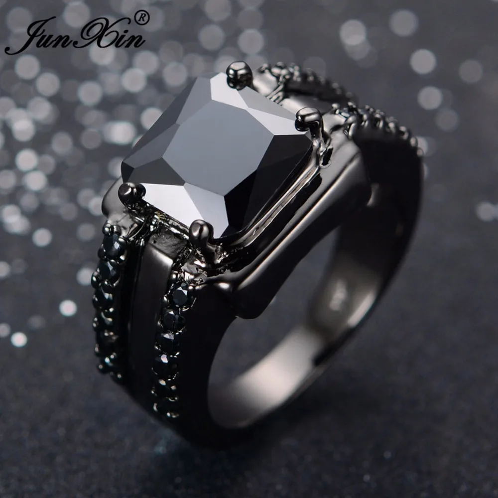 JUNXIN 90 скидка! Модные большие квадратные каменные женские мужские кольца из черного золота с цирконием черный/красный синий кристалл квадратный мужской обручальное кольцо