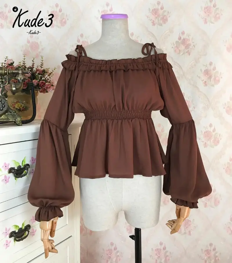 Vintage Female Gothic Lolita Blouse High Waist Long Sleeve Boat Neck Flounce Chiffon Shirt Elegant Undershirt Lolita Blouse 8446