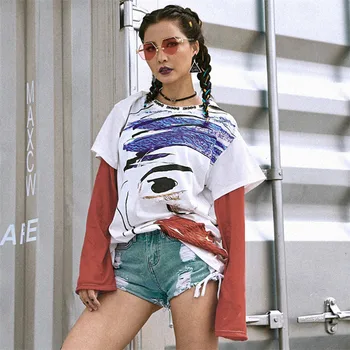 

just.be.nevereagle women summer T-shirt red long sleeve letter print female hip hop fake two pieces girls graffiti graphic tees