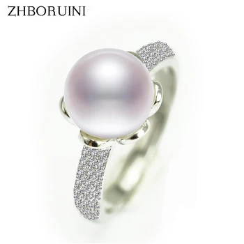 

ZHBORUINI 2019 Fashion Pearl Ring Natural Freshwater Pearl Big Zircon Round Rings 925 Sterling Silver Jewelry For Women Gift