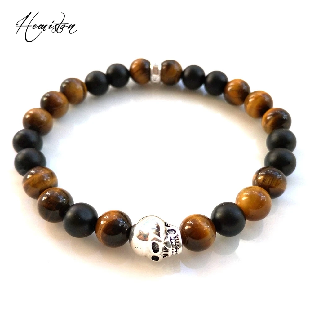 

Thomas SKULL, MATT BLACK OBSIDIAN AND TIGER'S EYE BEADS ELASTIC BRACELET, 925 Silver Rebel Heart Jewelry for Men TS B147