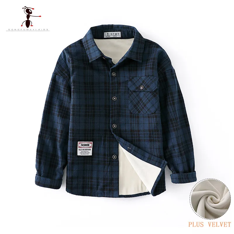 

2018 Kung Fu Ant Brand Winter Plaid Warm Plush Children's shirts 5T-12T Striped Cotton Letter Warm Fashion Big Boys Shirts