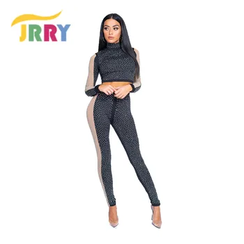 

JRRY Sexy Women Two Pieces Long Sleeve And Long Pants Solid O Neck Hollow