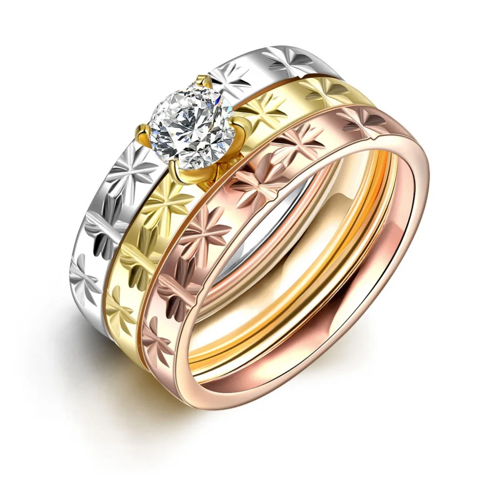 

R033 2016 New Top Quality Titanium European Flower Three Color Circles With White Crystal Stone Titanium Steel Women Men's Ring