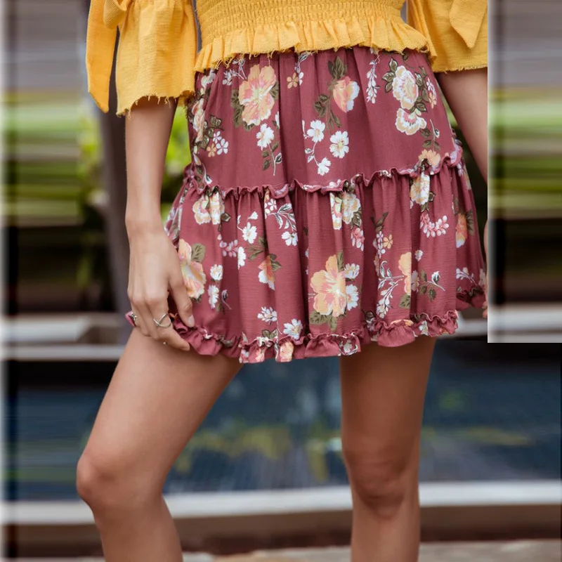 Danjeaner Boho мини-юбка с цветочным принтом, эластичная талия, многослойная короткая юбка с оборками, Женская трапециевидная Повседневная пляжная летняя юбка