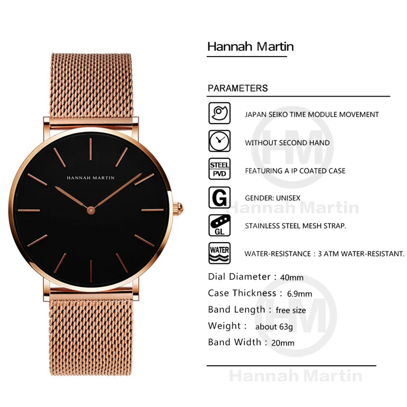 Hannah Martin, кварцевые часы для женщин,, модные водонепроницаемые женские часы, розовое золото, наручные часы для женщин, сталь, Montre Femme, Новинка