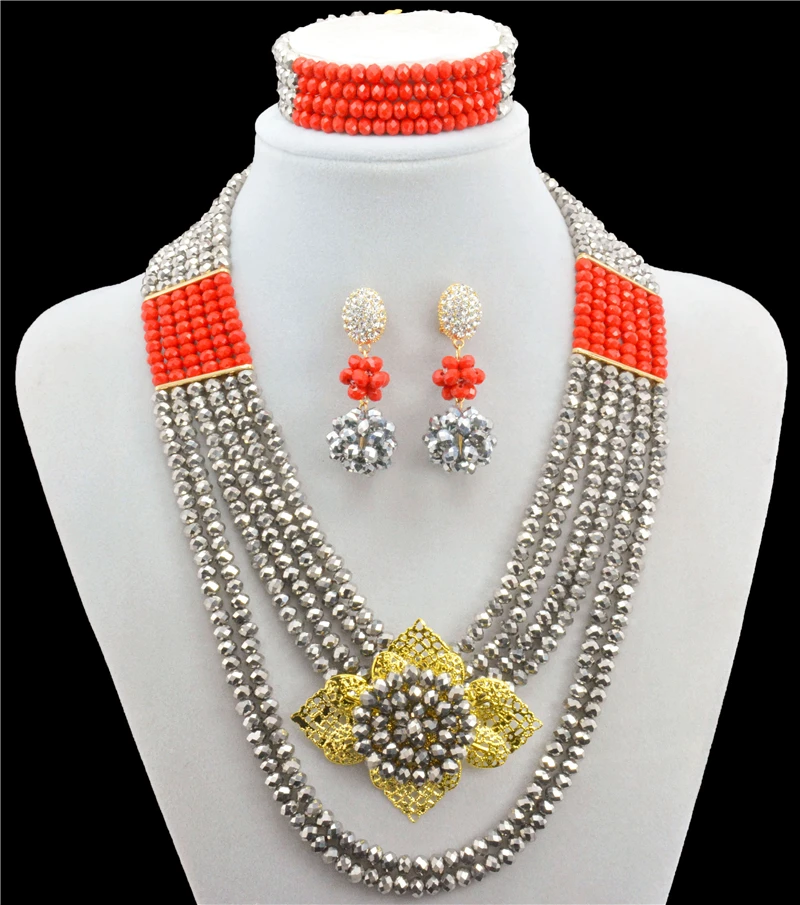 

2016 New Fashion nigerian wedding african beads jewelry set crystal Wedding Party Necklace Bracelet Earring Ring