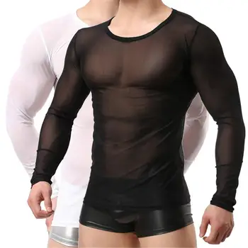 

Unisex!Gauze Sheer Black & White Tops Tees Undershirts See Through Long Sleeve Shirts Sexy Women&Men's Mesh Sexy Sleepwear