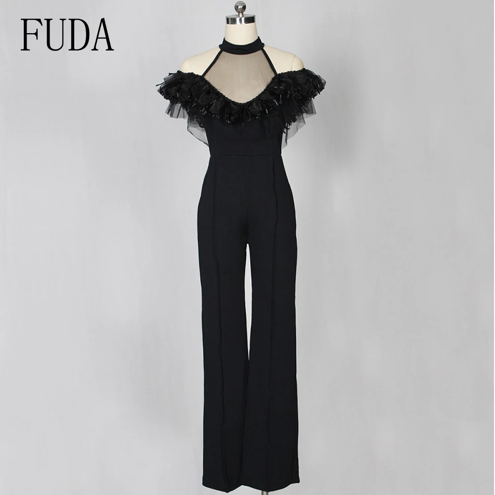 FUDA Off Shoulder Sexy Jumpsuit Elegant Halter Lace Ruffles Overalls Clubwear One Piece Long Wide Leg Rompers Womens Jumpsuit