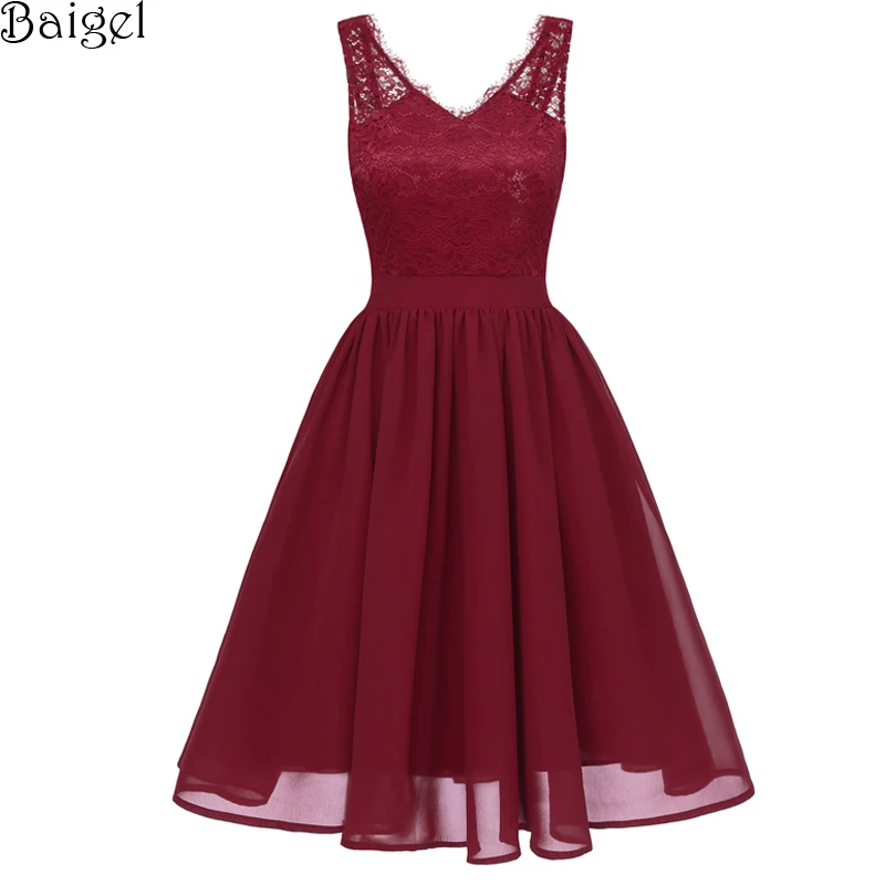 Women Sexy V-Neck Floral Lace Chiffon Dresses Summer 2018 Backless Pink Burgundy Black 50s 60s Rockabilly Vintage Party Dress (5)