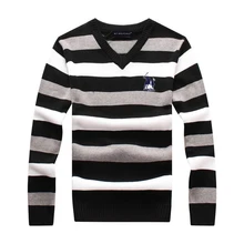 Высокое качество мужской v-образный вырез полосатый вязаный свитер большой конь Повседневный хлопок вязаная одежда модные мужские свитера