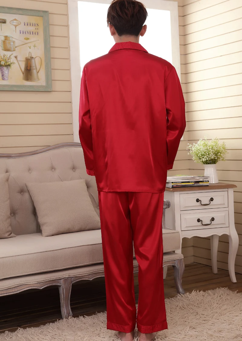 Для мужчин, район пижамные комплекты джентльмена из искусственного шелка с узором, с длинными рукавами; ночное белье мужские пижамы Домашняя одежда для сна sleep ночные рубашки-Лаунж