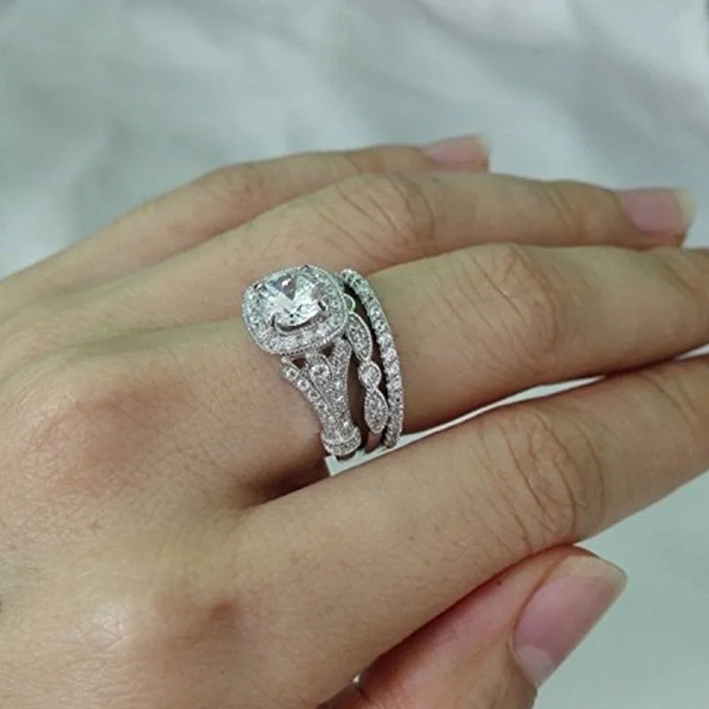3Pcs Women Ring Combo Set Crystals Hollow Out Wedding Engagement Rings