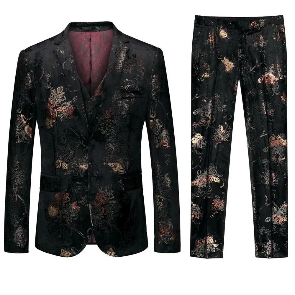 

New Tide Male Plus Size 3XL Gold Floral Pattern Slim Fit Mens Suits With Pants Wedding Groom Tuxedo Singer Costume High Quality