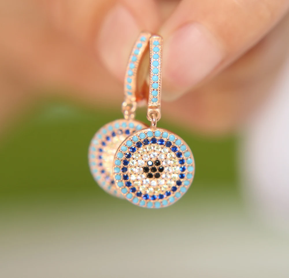 100% 925 sterling silver high quality micro pave cz nano turquises dangle evil eye disco luxury beautiful women earring (10)