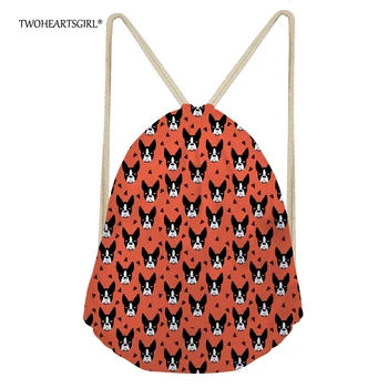 

TWOHEARTSGIRL Cute Boston Terrier Print Women Drawstring Bag Kids Schoolbags Trendy Fashion Female Girls Travel Storage Rucksack