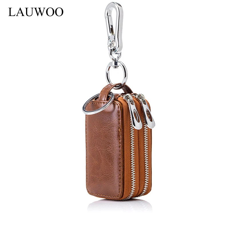 LAUWOO High Quality Men Genuine Leather Zipper Car key wallets Business 's Transparent Key bag |