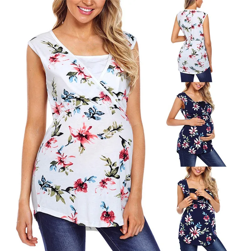 

Women's Maternity Sleeveless Floral Print Tops Nursing Baby Blouse Clothes ropa mujer Clothes For Pregnant WomenD4