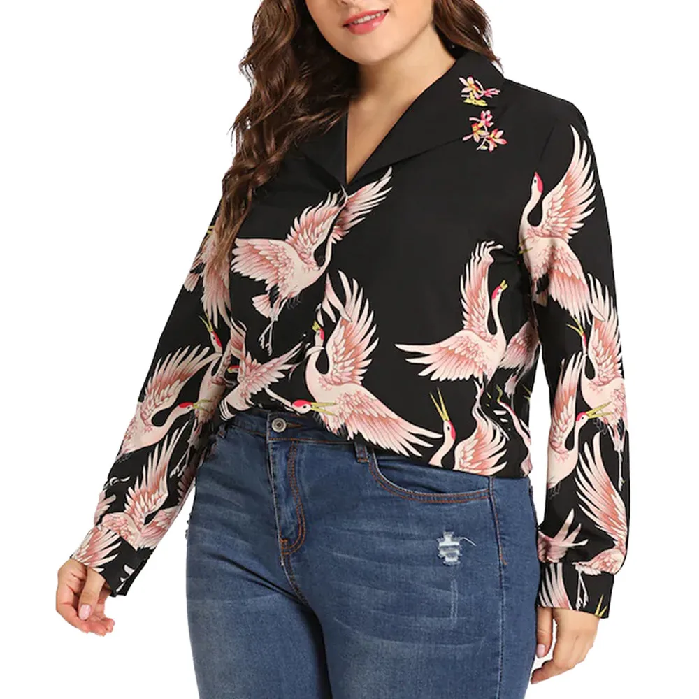 

Plue Size XL-4XL Women blouse Bohemian style Womens Long Sleeve Tops shirts Fashion ladies Crane Print Blouse Shirt ropa mujer