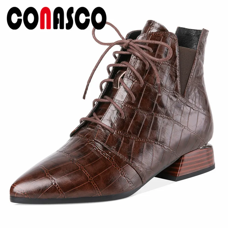 

CONASCO Hot Women Genuine Leather Ankle Boots Thick High Heels Pointed Toe Martin Shoes Woman Short Motorcycle Boots Shoes