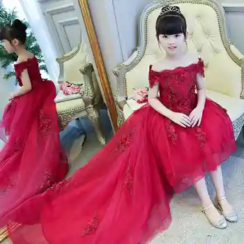 

Long Trailing Flower Girl Princess Dress Birthday Party Wedding Ball Gown Strapless Girls Formal Gown Kids First Communion Dress