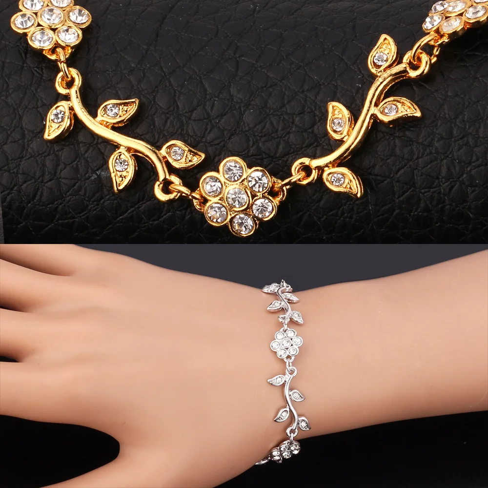 U7 Crystal Flower Leaf Charm Bracelets Gold Color Chain Rhinestone U7 Crystal Flower Leaf Charm Bracelets Gold Color Chain Rhinestone Bracelet Bangles Cute Jewelry For Women Gift H380 In From
