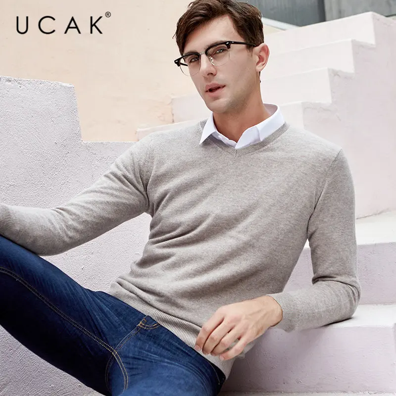 Ceny UCAK marka sweter mężczyźni klasyczny dekolt Pull Homme Pure Merino wełniany sweter mężczyźni jesień zima grube ciepłe swetry kaszmirowe U3014