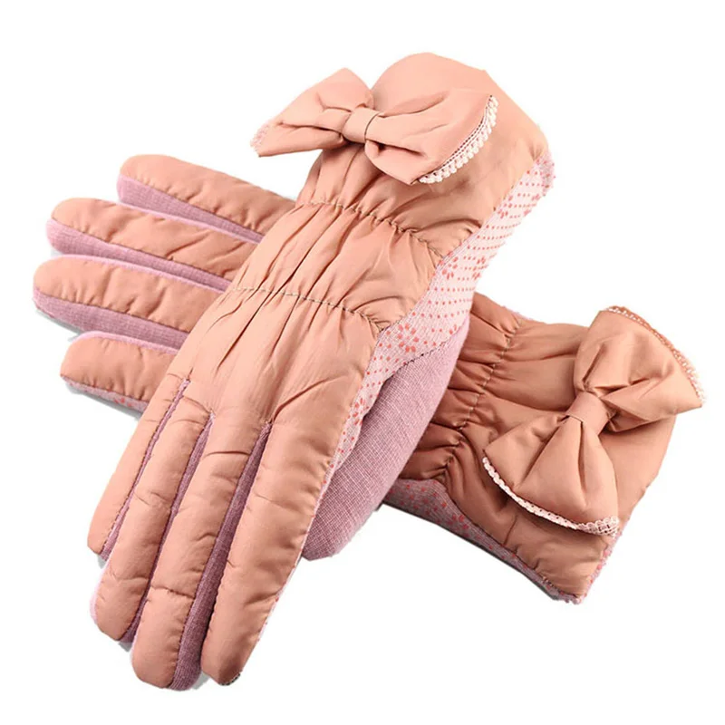 B Bean color Женские зимние спортивные теплые ветрозащитные велосипедные перчатки с сенсорным экраном, женские толстые плюшевые кашемировые перчатки с бантом, перчатки для вождения A54 - Цвет: B Bean color