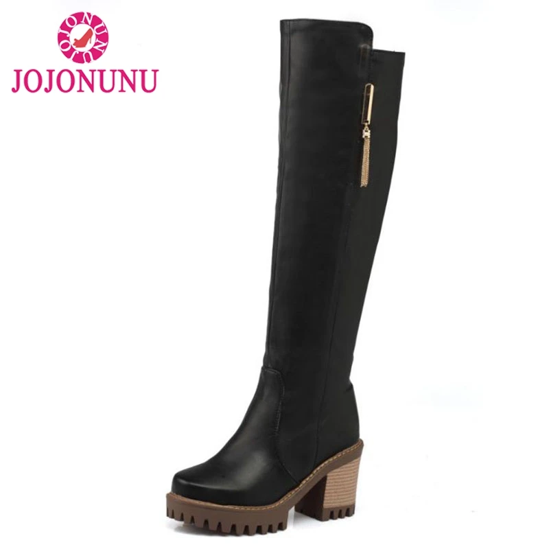 

FITWEE Women Square Heel Knee Boots Vintage Square Toe Zipper Bota Feminina Woman Warm Fur Winter Shoes Footwear Size 34-43